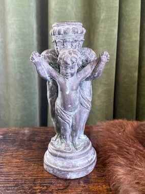 Cherub Candle Holder Statue in Aged Bronze Finish